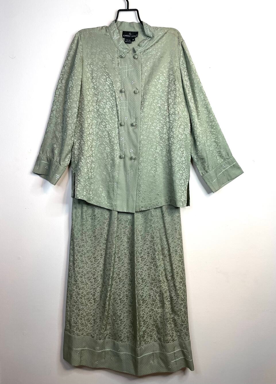 Carole Little Vintage Silk Sage Green Embossed Asian Tunic Jacket Skirt Set 4 6